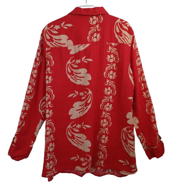 Soft Surroundings Linen Tunic Red Tan Floral Button Up Collared Shirt Womens L - Picture 8 of 9
